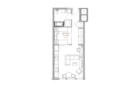 a floor plan of a small apartment with a bedroom and a living room